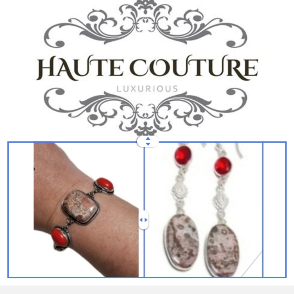 Sterling Natural Jasper Gemstone Ethnic Bracelet & Earrings